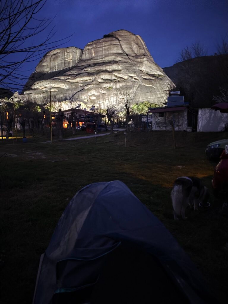 Meteora rock formations illuminated at night Greece