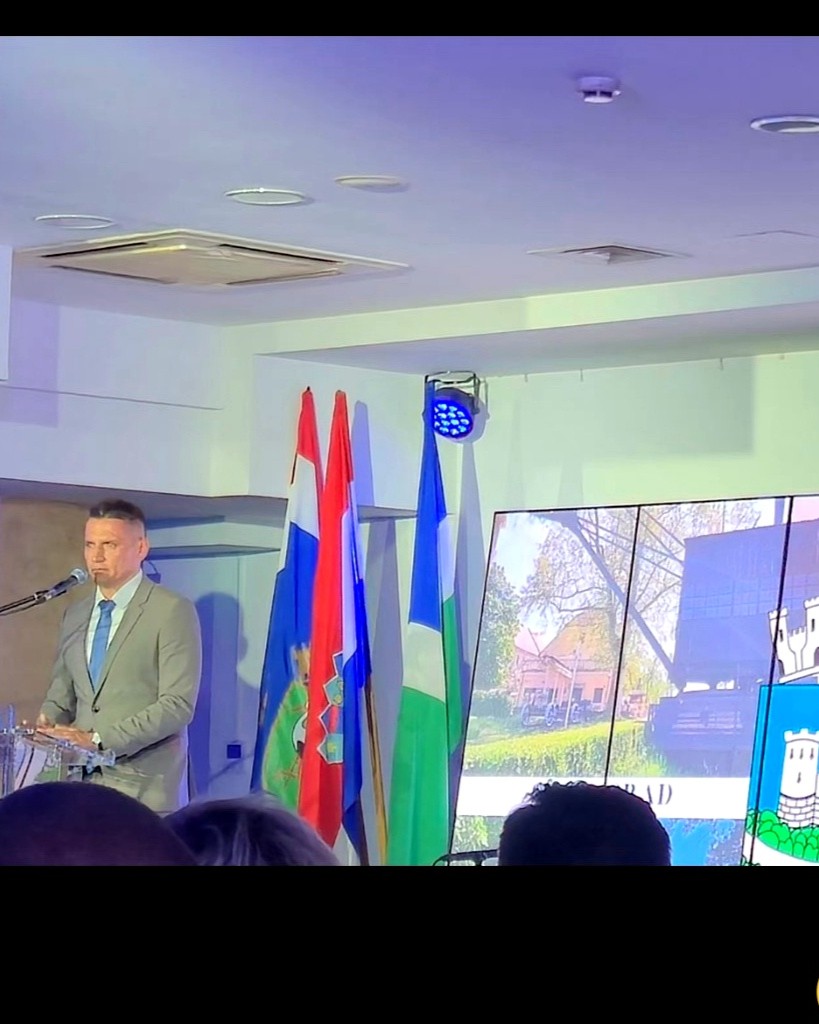 Mayor Domagoj Orlić delivering a speech during the ceremonial session of the Sisak City Council in Sisak, Croatia.