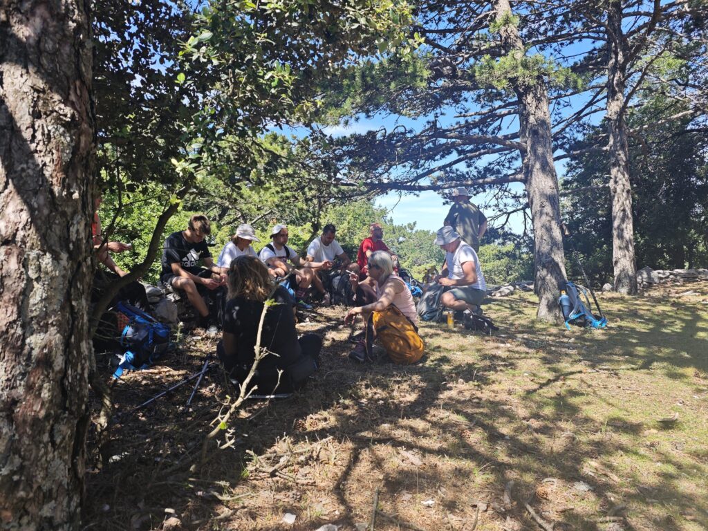 Participants of the 12 Peaks Challenge Up project taking a rest in the shade of pine trees during a hike on Brač Island, Croatia.